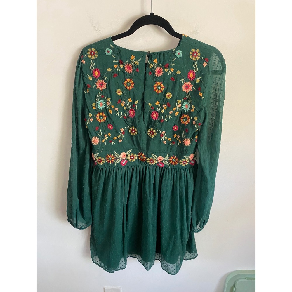 Zara Trafaluc Green Embroidered Floral Swiss Dot Boho Mini Dress Womens Medium - Picture 4 of 5